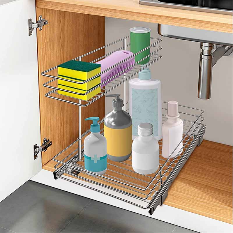 Kitchen Shelf 2-tier Sliding Under Sink Organizer Durable Metal